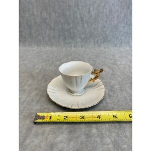 VTG Japan White Porcelain Cup Saucer Set Gold Trim Fancy‎ Handle Small Tea Cup